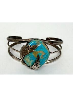 Vintage Navajo Signed RB Sterling 925 Silver Turquoise Cuff Bracelet